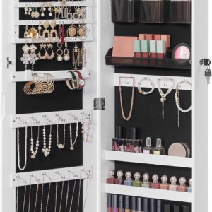 SONGMICS Jewelry Cabinet Armoire, Lockable Wall-Mounted Organizer Unit with 2 Plastic Cosmetic Storage Trays, Full-Length Frameless Mirror, White UJJC001W01