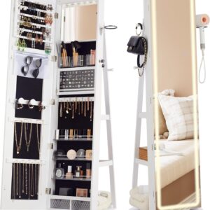 IRONCK LED Mirror Jewelry Cabinet Standing, 360° Swivel Lockable Jewelry Armoire with Full Length Mirror and Adjustable LED Lights, Jewelry Organizers and Storage with 3 Storage Shelves, White