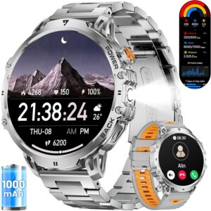 LIGE Smart Watch with 1.85″ HD Large Screen, Android iPhone Smart Watches for Men with 1000mAh Battery/LED Flashlight/50M Waterproof/,120+ Sports Fitness Tracker Watch, Silver (Double Straps)