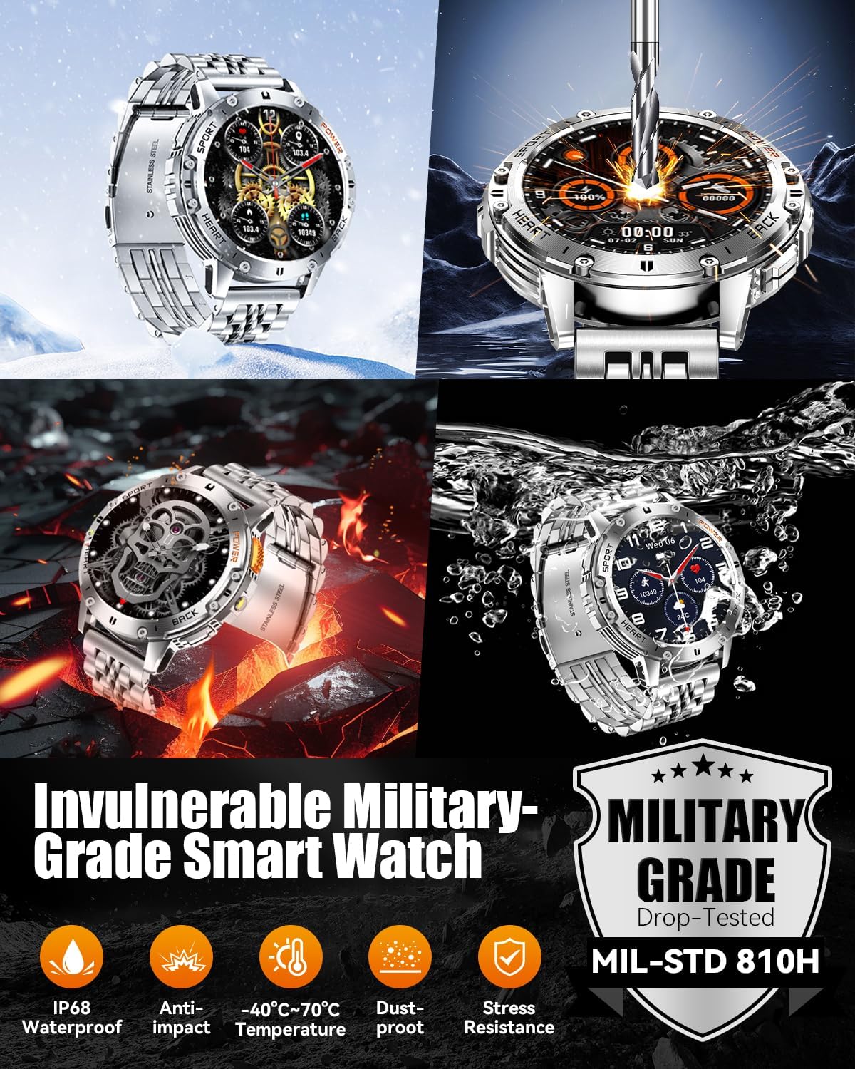 Military Smart Watches for Men with Bluetooth Call, 1.43" AMOLED Waterproof Smartwatch with Flashlight, 111 Sport Modes, 530mAh Heart Rate/SpO2/Sleep Monitor Fitness Tracker for Android iOS - Image 8