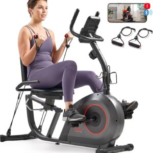 Sunny Health & Fitness Smart Heavy-Duty Recumbent Bike w/Wide Cushioned Seat & Back, Indoor Cycling Machine for Adult/Seniors Home Exercise, Free SunnyFit App Connect, Optional Workout Training Bands