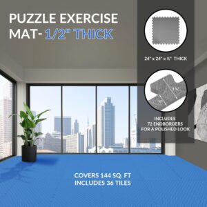Puzzle Exercise Gym Flooring Mat, 1/2″ Thick High-Density EVA Interlocking Tiles Workout Mat for Home Gym, Fitness Equipment, MMA, Gymnastics, 36-Piece Shock-Absorbing Exercise Mat (144 Sq Ft)