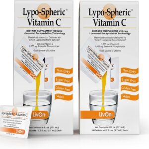 LivOn Laboratories Lypo–Spheric Vitamin C – 1,000 mg Vitamin C & 1,000 mg Essential Phospholipids Per Packet – Liposome Encapsulated for Improved Absorption – Non–GMO(2 Cartons,60 Packets)