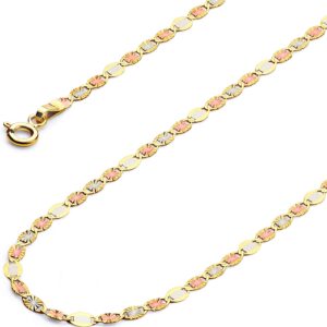 14k REAL Tri Color Gold Solid 2mm Flat Star Diamond Cut Chain Necklace with Spring Ring Clasp