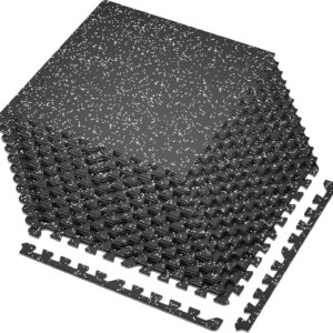 SUPERJARE 0.4” Thick 12 Pcs 48 Sq Ft Rubber Top Exercise Equipment Mats, High Density EVA Foam Mats with Rubber Top, Interlocking Gym Flooring for Home Gym, Protective Workout Mat, Black/Grey