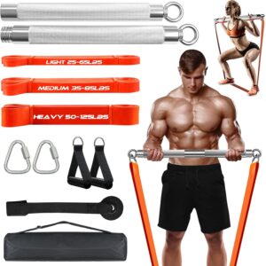 Detachable Resistance Bar with 3 Stackable Bands & Door Anchor – 500LBS Heavy Duty Home Gym Kit, Portable Full Body Workout Equipment (90cm Bar, Workout Guide)