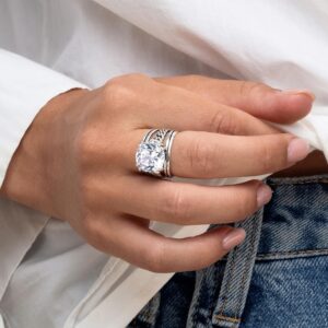 JEAN RACHEL JEWELRY 925 Sterling Silver Ring – Curb Chain Vintage Design with Cushion Shaped Cubic Zirconia – Hypoallergenic, Lead & Nickel Free – Artisan Handcrafted Statement Rings for Women