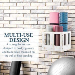 MyGift Whitewashed Wood Yoga Mat Holder Rack, Wall Mounted or Floor Standing Foam Rollers Organizer, Yoga Mat Storage and Gym Accessories