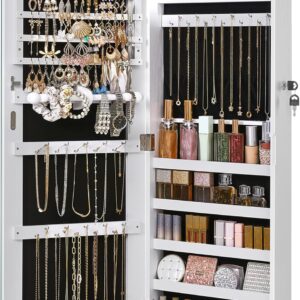 SONGMICS Hanging Jewelry Cabinet, Wall-Mounted Cabinet with LED Interior Lights, Door-Mounted Jewelry Organizer, Full-Length Mirror, Gift Idea, White UJJC99WT