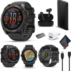 Garmin Fenix 8 51MM AMOLED Sapphire Premium Multisport GPS Smartwatch Carbon Gray DLC Titanium with Gray Silicone Band, Built-in LED Flashlight, Fitness & Health Smart Watch Bundle for Men & Women