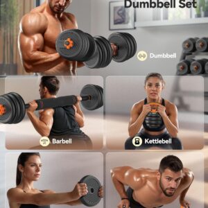 FEIERDUN Adjustable Dumbbells, 20/30/40/45/70/90lbs Free Weight Set with Connector, 5 in1 Dumbbells Set Used as Barbell, Kettlebells, Push up Stand, Weight Plate, Fitness Exercises for Home Gym Suitable Men/Women