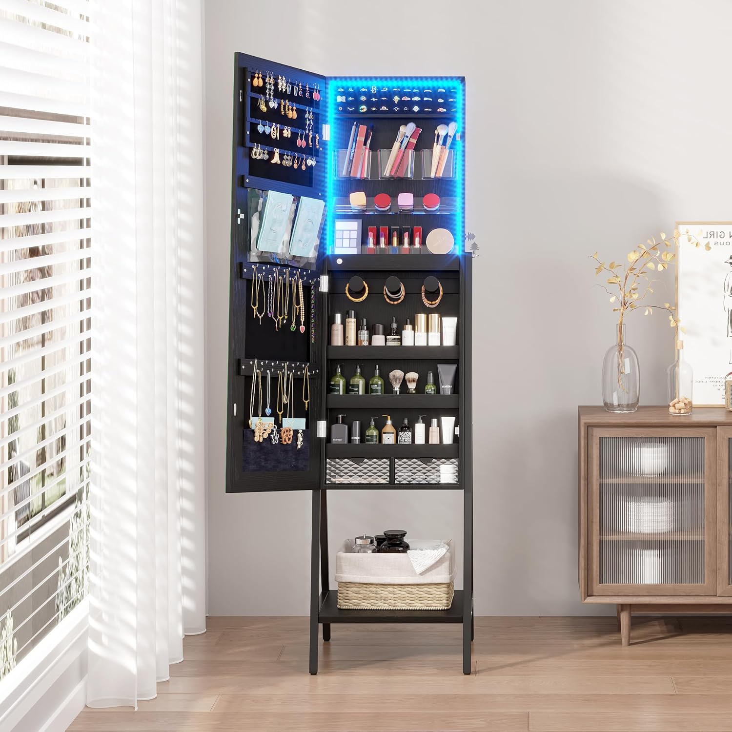 LVSOMT 3 LEDs Mirror Jewelry Cabinet, 60.4 Jewelry Mirror Full Length, Standing Lockable Jewelry Armoire Organizer, Floor Mirror with Storage for Jewelry Cosmetics, Black - Image 9