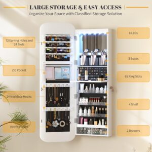 Vlsrka 47.2″ LED Mirror Jewelry Cabinet, Wall/Door Mounted Full Length Mirror with Storage, Lockable Jewelry Armoire with Mirror, Rounded Corner Hanging Mirror Jewelry Organizer, White