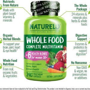 NATURELO Whole Food Multivitamin for Women 50+ (Iron Free) with Vitamins, Minerals, & Organic Extracts – Supplement for Post Menopausal Women Over 50 – No GMO – 240 Vegan Capsules