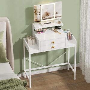 Vanity Desk with Mirror and Lights, 28.4”W Small Makeup Vanity Table with Height-Adjustable Stand, 2 Fabric Drawers Compact Makeup Desk, Gift for Girls, Bedroom Small Space, White