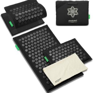 Acupressure Mat and Pillow Set – Full Body Pro Kit for Stress Relief, Muscle Relaxation & Pain Relief – Natural Eco-Friendly Linen & Coconut Fiber Mat – Includes Carrying Bag (Black)