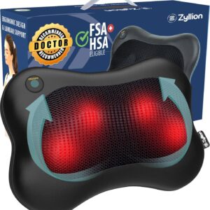 Zyllion Shiatsu Back and Neck Massager with Heat – Cordless Rechargeable 3D Electric Kneading Deep Tissue Massage Pillow for Muscle Pain Relief, Black, ZMA-13RB
