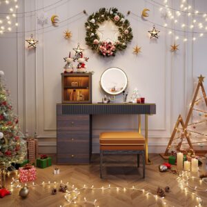 POVISON Makeup Vanity Desk with Mirror and Lights, Dressing Table with Stool & Charging Station, 5 Drawers Mid Century Modern Makeup Desk for Bedroom, Partially Assembled Tempered Glass Top Wood 47″