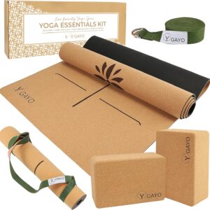 Gayo Premium Cork All-in-One Yoga Essentials Kit -Large Cork Yoga Mat and Blocks Set with Carry Strap and Alignment lines, 10ft Stretch Strap, Your Ultimate Eco-Friendly Starter Set