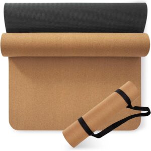 Premium Cork Yoga Mat 1/4 & 2/5 Inch Thick 72 x 26 in, Thick Cork and TPE Non Slip Yoga Mats for Women Men, Sweat Proof Eco-friendly, Great for Hot Yoga & Workouts
