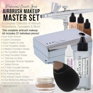 Complete Professional Belloccio Airbrush Cosmetic Makeup System with a MASTER SET of All 17 Foundation Color Shades in 1/4 oz Bottles – Blush, Bronzer, Highlighters